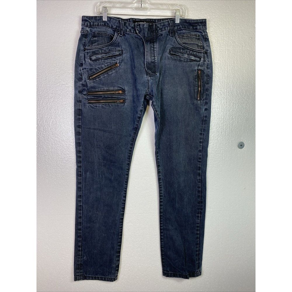 Copper Rivet Mens Jeans 40/34 Blue Denim Zip Pockets Distressed‎ Zippers Moto